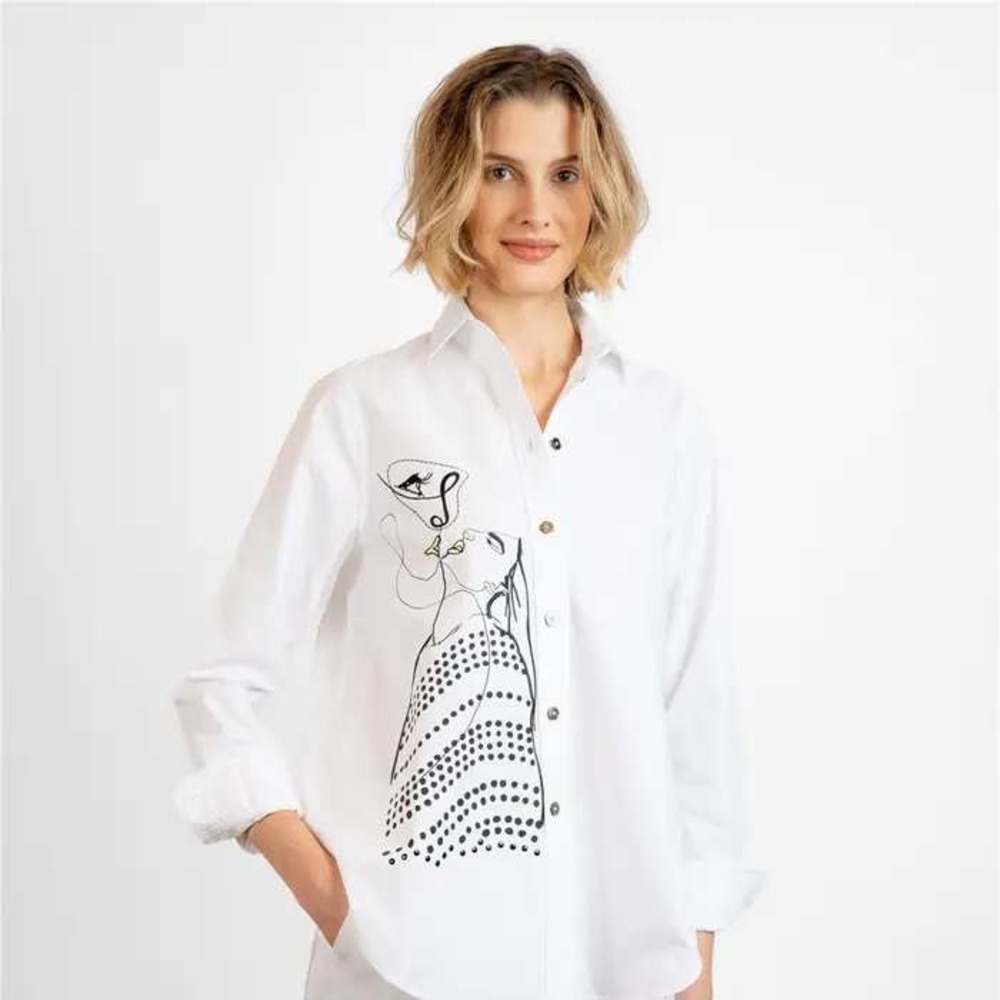 Bylyse Spenard White Button Up Shirt Embroidered Art to Wear Face 100% Cotton S